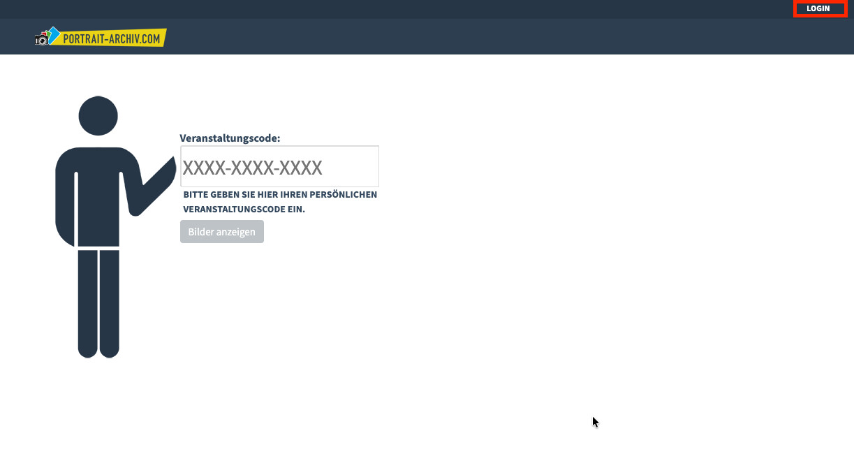 Startseite von portrait-archiv.com mit hervorgehobenem LOGIN-Button oben rechts
