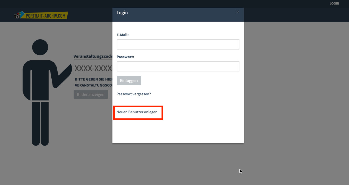Login-Fenster von portrait-archiv.com mit hervorgehobenem Link „Neuen Benutzer anlegen"