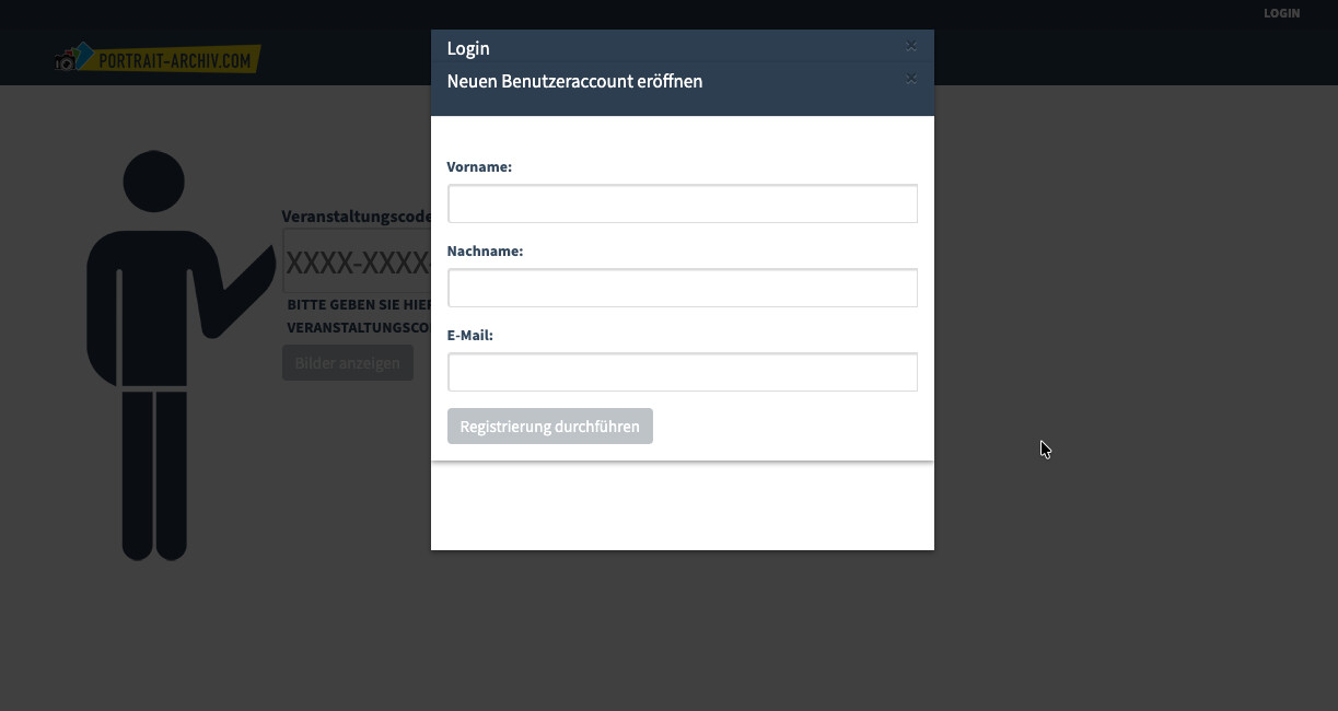 Registrierungsformular „Neuen Benutzeraccount eröffnen" mit Feldern für Vorname, Nachname und E-Mail