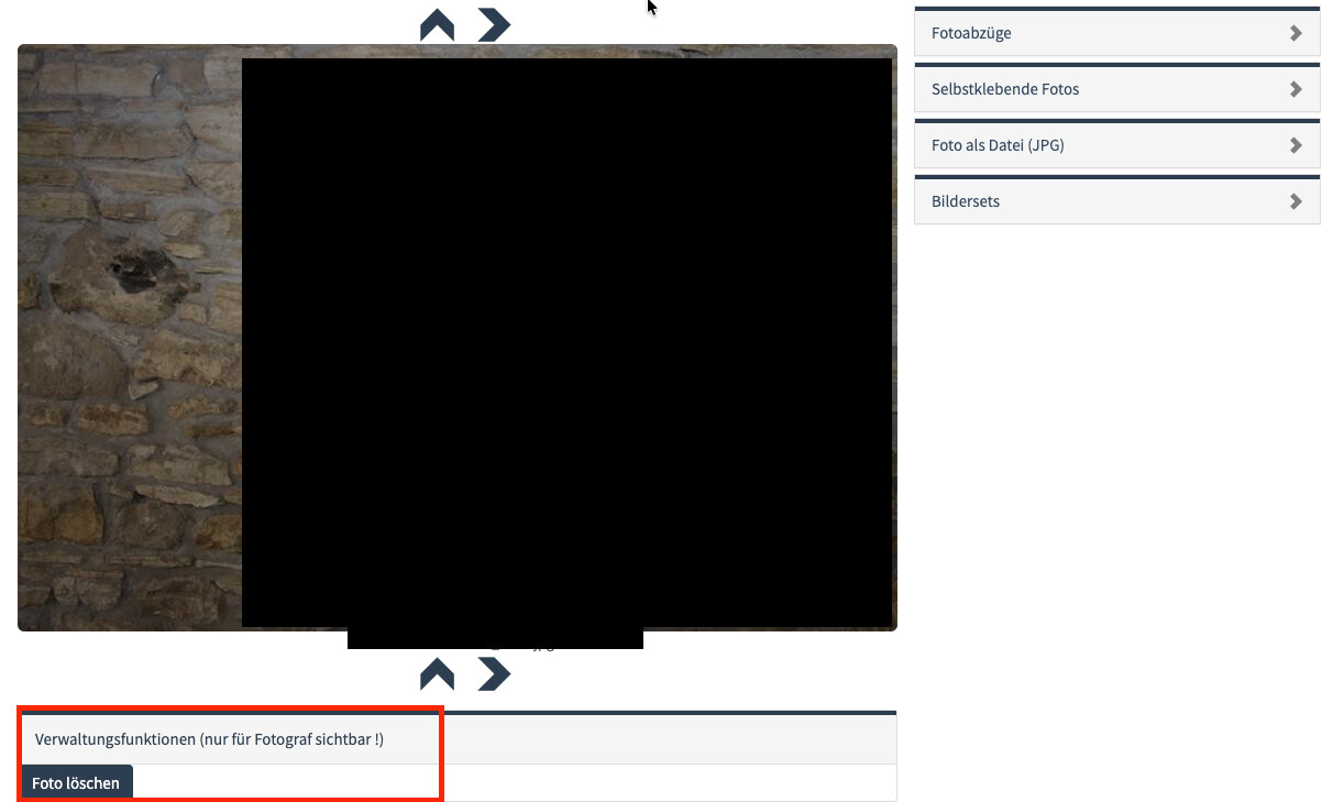 Fotoansicht in der Galerie mit hervorgehobenem Bereich „Verwaltungsfunktionen" und Button „Foto löschen"