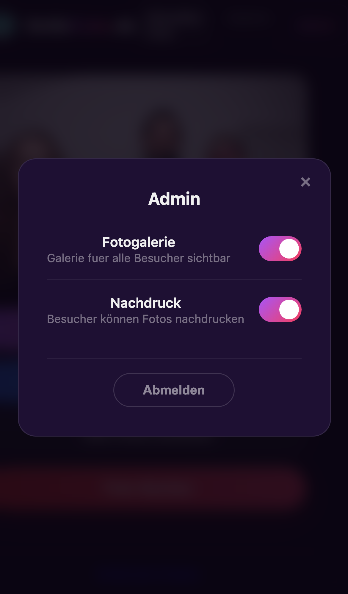 Das Admin-Menü mit Toggle-Schaltern für Fotogalerie und Nachdruck