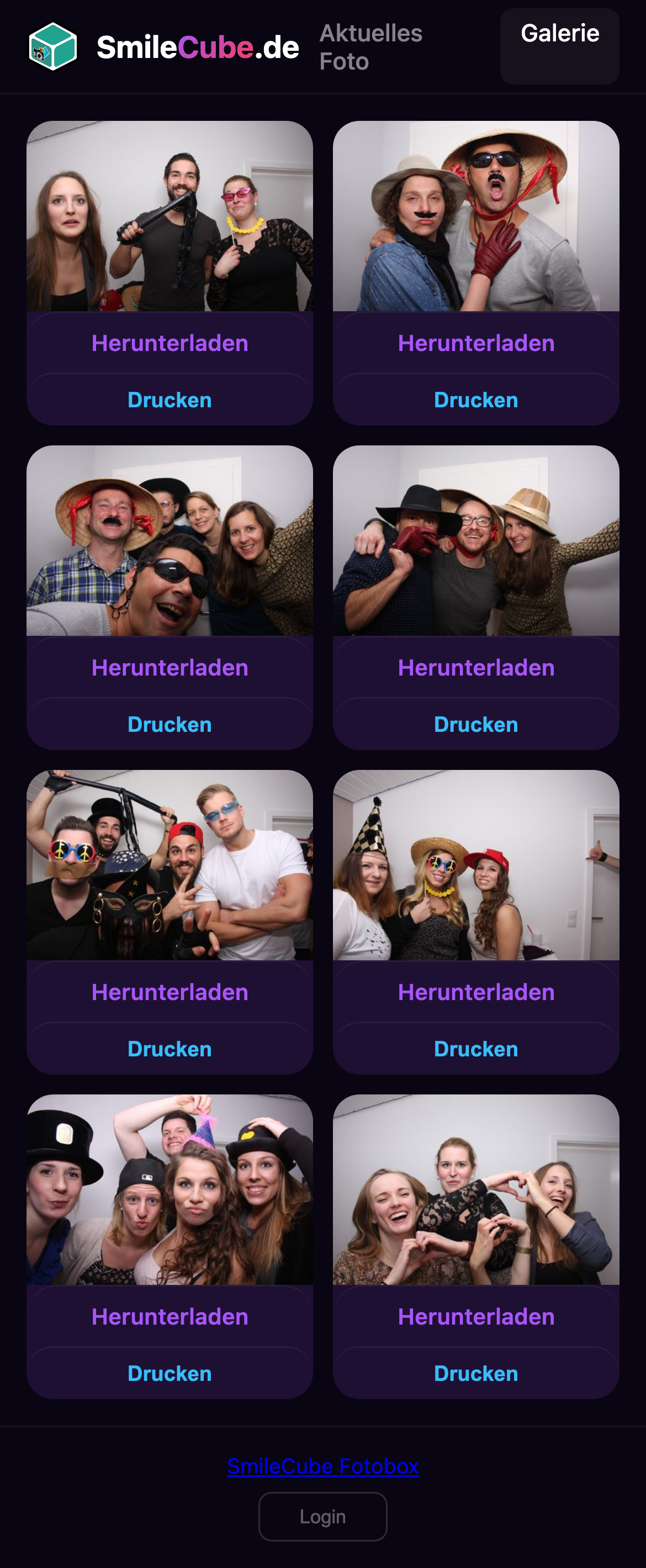 Die Galerie zeigt alle Fotos als Grid mit Herunterladen- und Drucken-Buttons