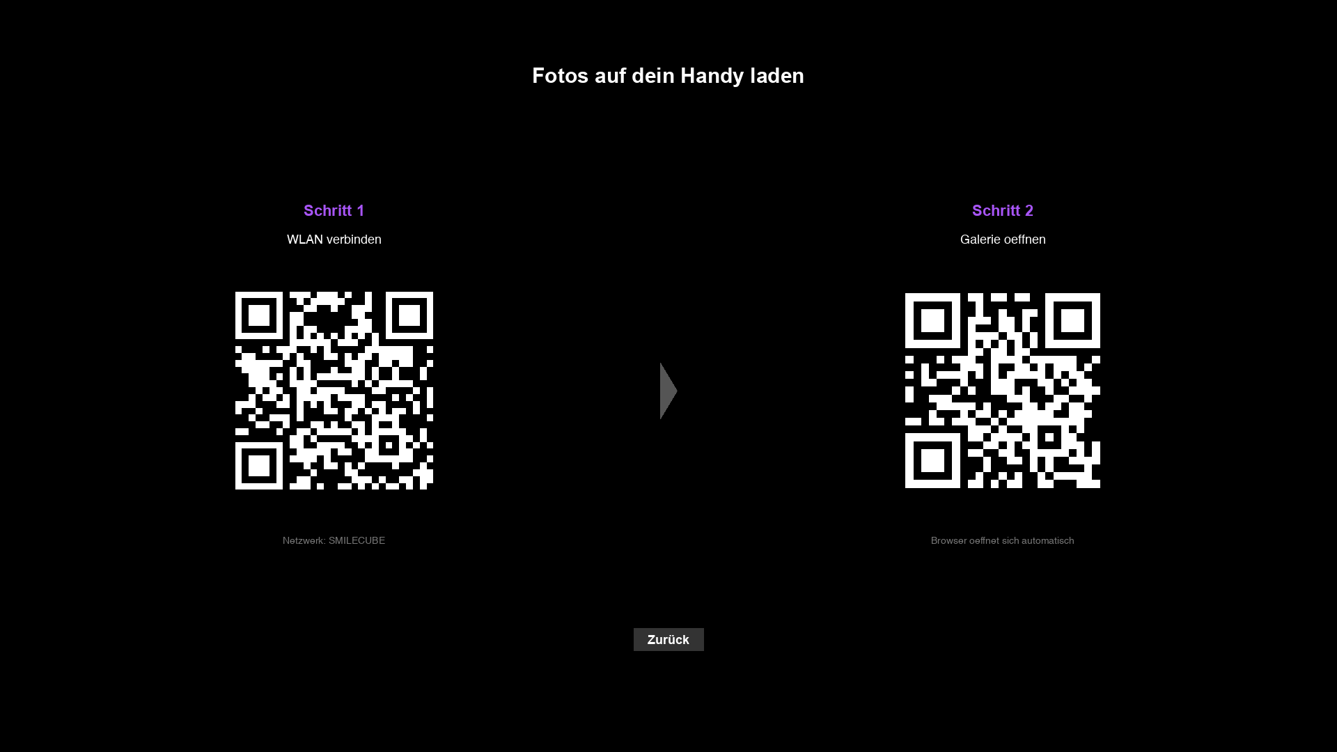 Anleitungsbildschirm mit zwei QR-Codes: WLAN verbinden und Galerie öffnen