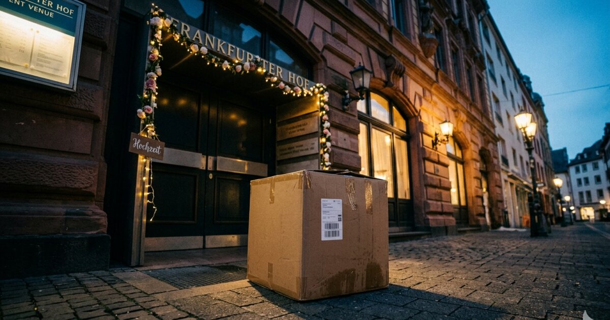 Versandkiste vor einer Hochzeitslocation -- geliefert, aber niemand da