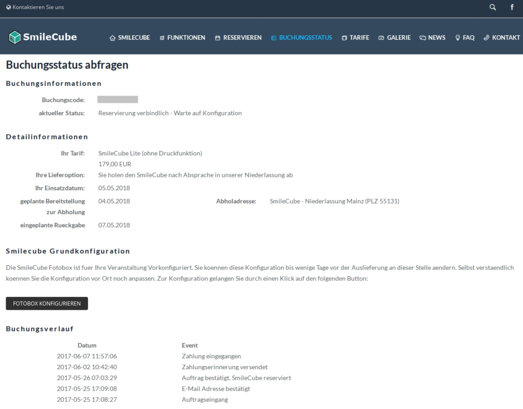 SmileCube vorkonfigurieren - Buchungsverlauf anzeigen